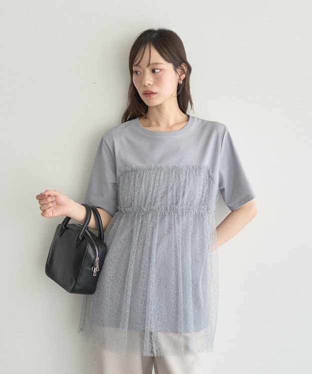 earth music&ecology ニュアンス柄レースドッキングプルオーバー Grayish Blue