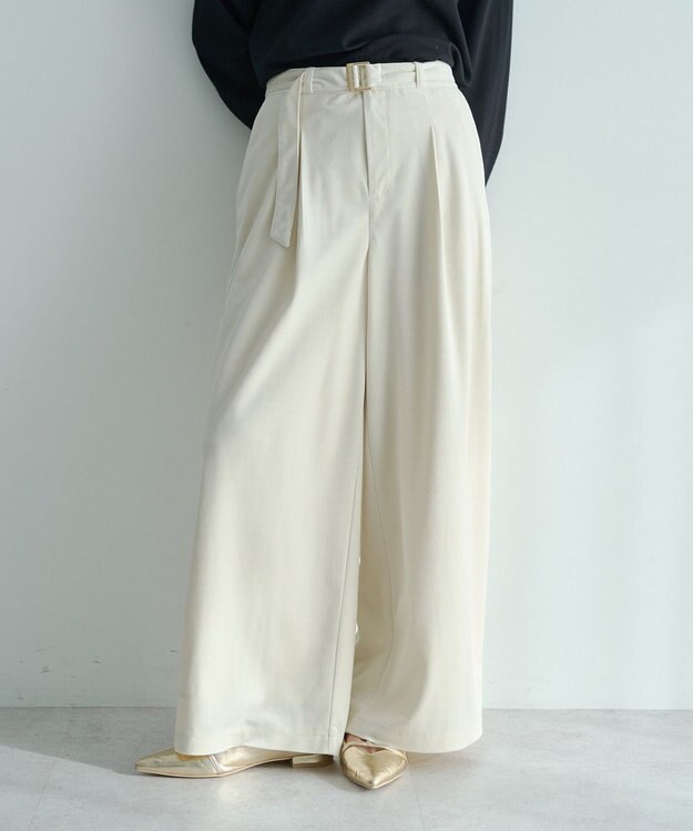 YECCA VECCA ベルテッドカルゼ起毛ワイドパンツ Ivory