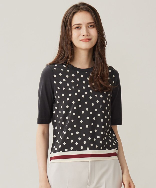 自由区 【アンサンブル対応・洗える】ポルカドットプリント プルオーバー アッシュ×アイボリー