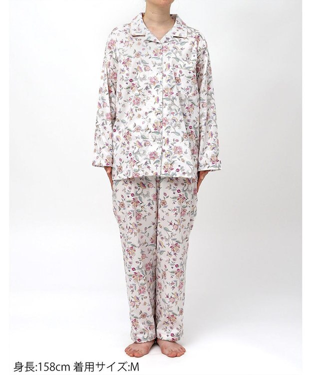 WACOAL ワコール_リラックス＆スリープ パジャマ 綿100%(本体) サテン 長袖 長ズボン ミントン レディース NDX555 /ワコール ホワイト