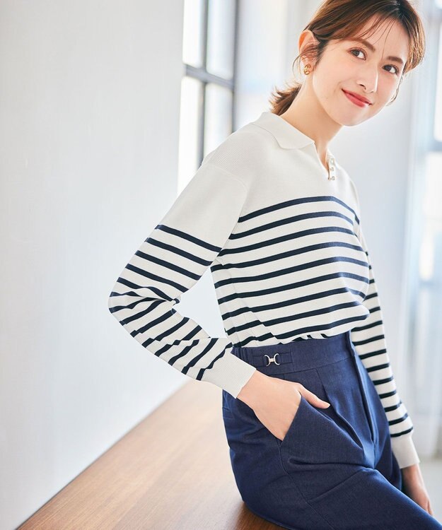 ANY SIS 【洗える】スキッパーポロ襟プルオーバー ニット オフ×ネイビー