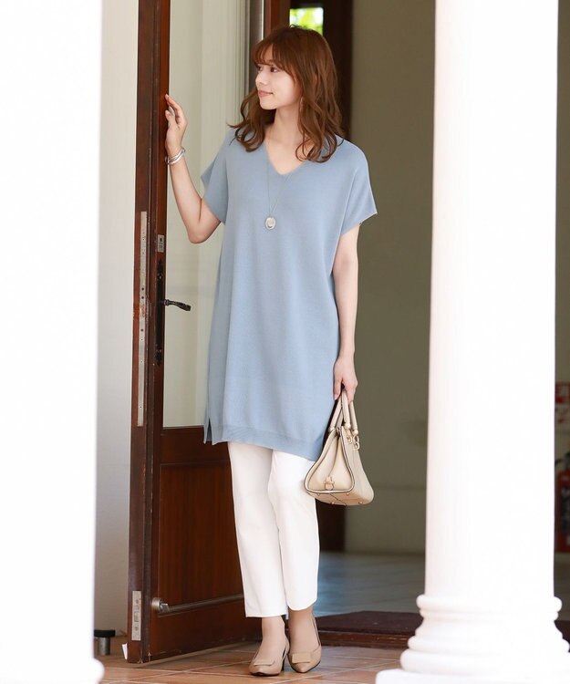 Tiaclasse L 【洗える】さらりと肌離れの良いフレンチスリーブニットチュニック サックス