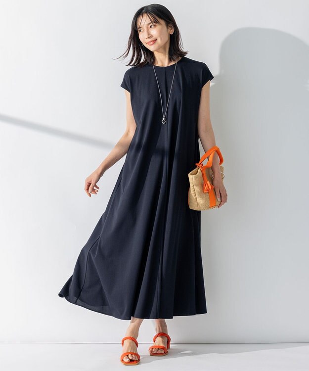 23区 【洗える】ライトピケジャージー フレア ワンピース ネイビー系