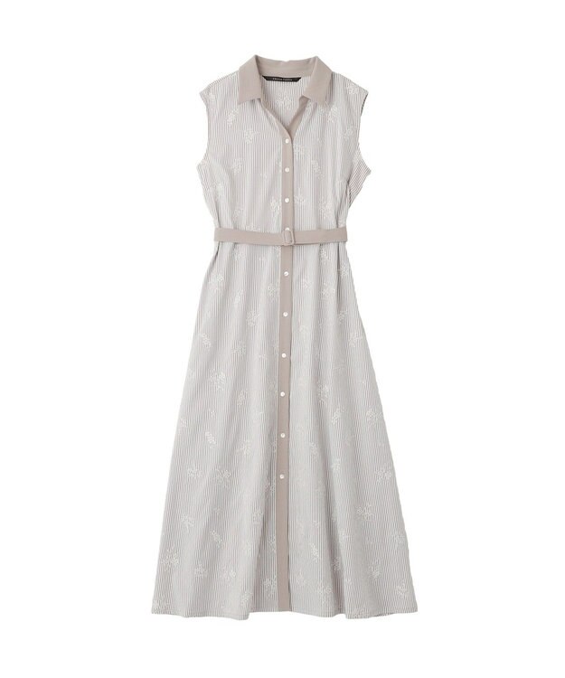 YECCA VECCA ストライプ柄フラワー刺繍ワンピース Beige