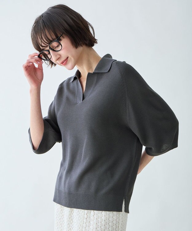 ANY L アクリルガーターポロ衿ニット スレート