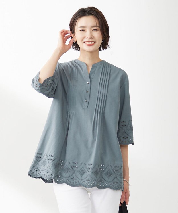 J.PRESS LADIES S 【洗える】 セルロース刺繍 ブラウス ターコイズブルー系