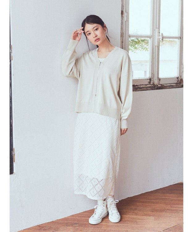 earth music&ecology ＶネックＺＩＰカーディガン Ivory