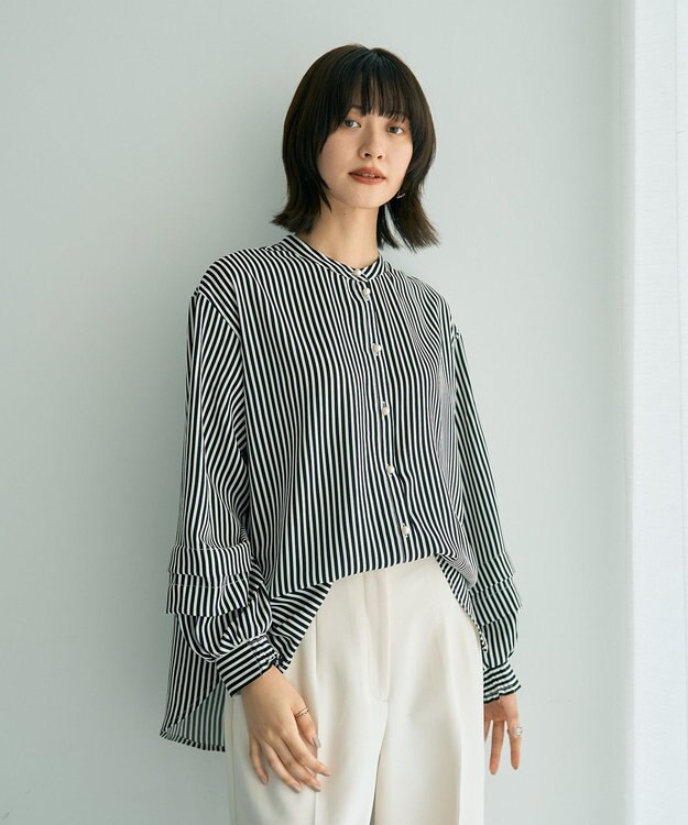 YECCA VECCA 2way裾アレンジパール釦ブラウス Stripe