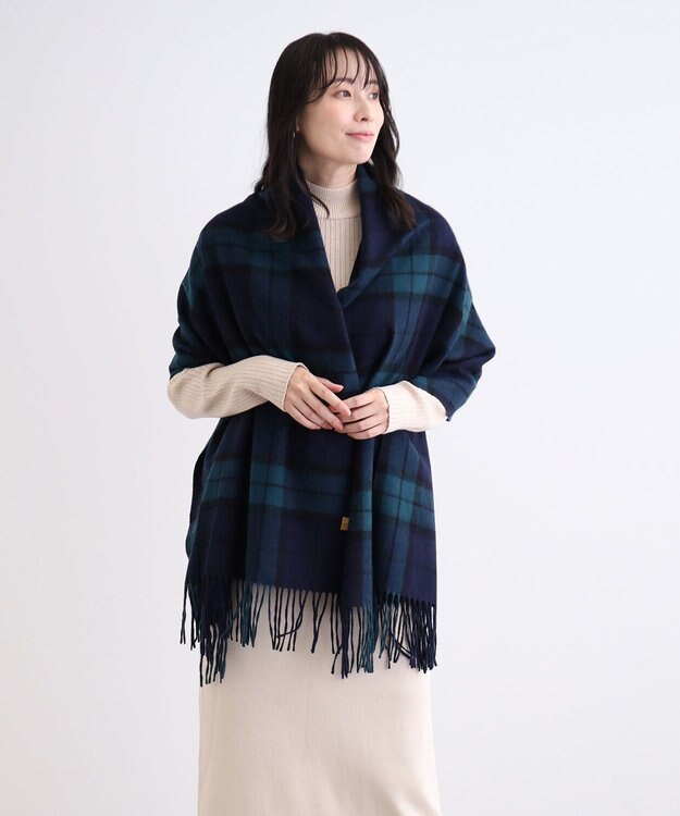 MOONBAT WEB限定【洗える】ミエル (miel) カシミヤ100％ チェックストール ネイビーブルー