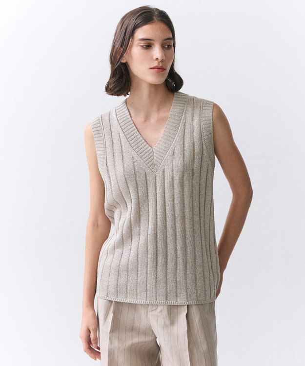 BEIGE， OPTICAL /  ペーパーヤーン Vネックリブニット Flax