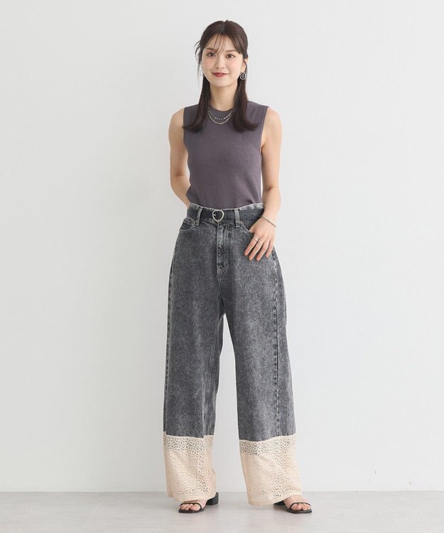 earth music&ecology 裾レースデニムパンツ Black