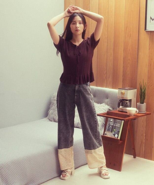 earth music&ecology 裾レースデニムパンツ Black