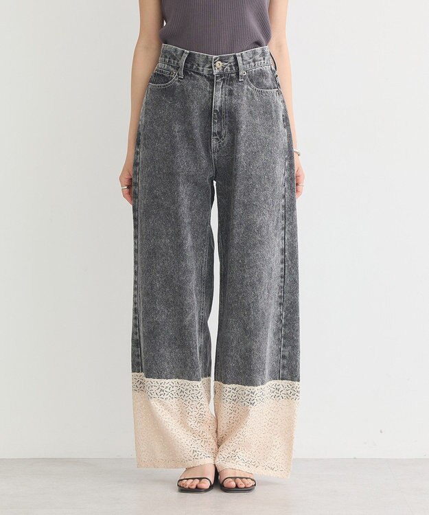 earth music&ecology 裾レースデニムパンツ Black