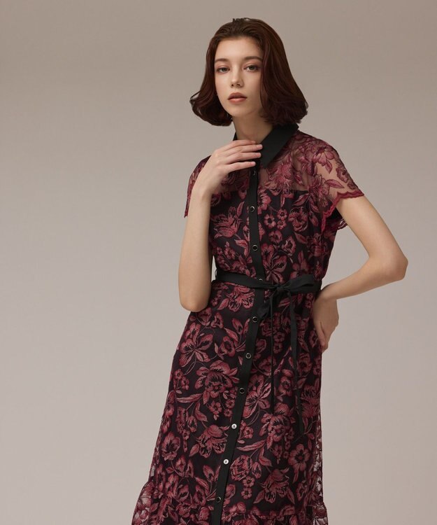 GRACE CONTINENTAL チュールフラワー刺繍ワンピース ボルドー