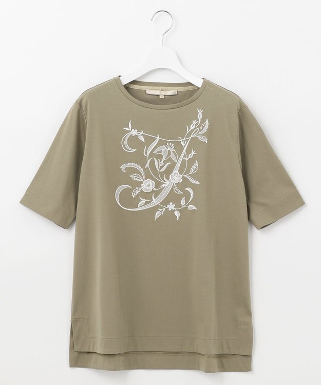 自由区 【洗える】エンブロイダリー フロントデザイン Tシャツ カーキ系
