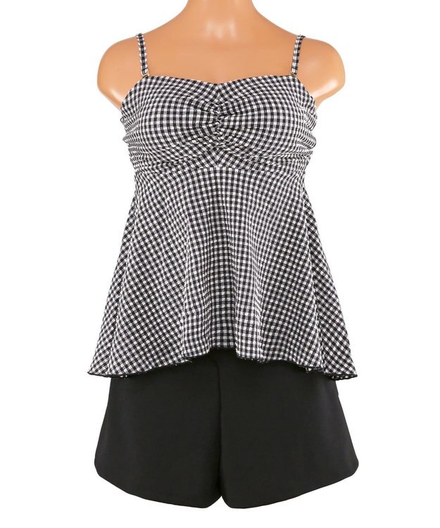 San-ai Resort（三愛水着楽園） WEB限定　ペプラム無地/チェック3点セット水着【Beach Queen（ビーチクイーン）】 ホワイト（チェック）