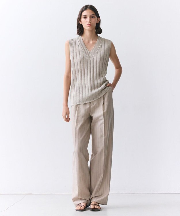 BEIGE， OPTICAL /  ペーパーヤーン Vネックリブニット Flax