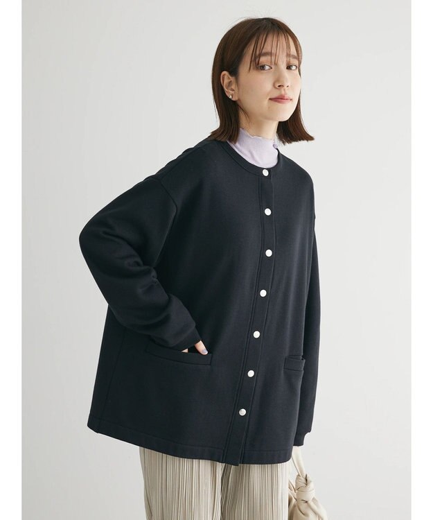 Green Parks 裏起毛ミディ丈ドットボタンカーディガン Black