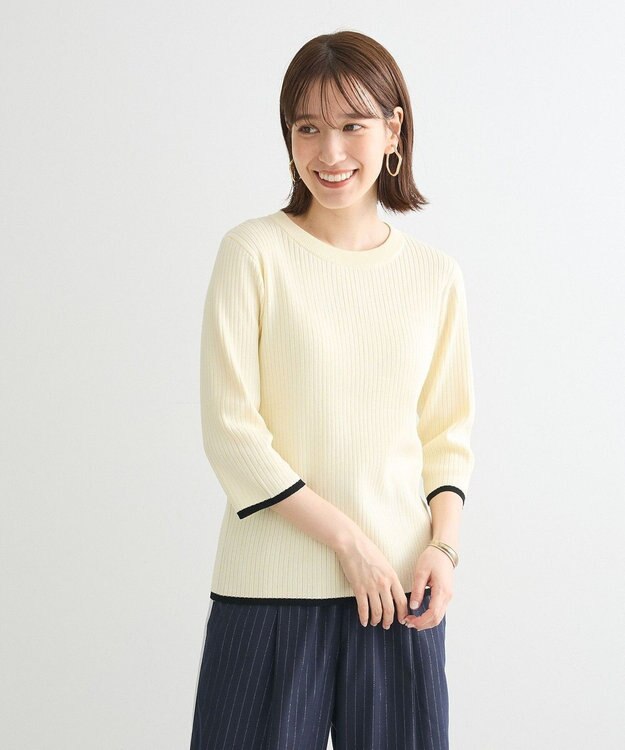 Green Parks ＢＰ　袖口カラーリブ７分袖ニットプルオーバー Off White