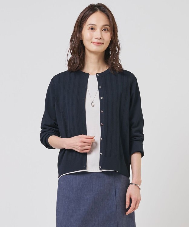 J.PRESS LADIES Rayon Elite Stretch クルーネック カーディガン ネイビー系