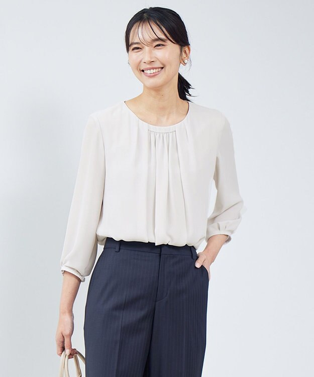 23区 L 【洗える】シルキーデシン ギャザー カットソー ベージュ系