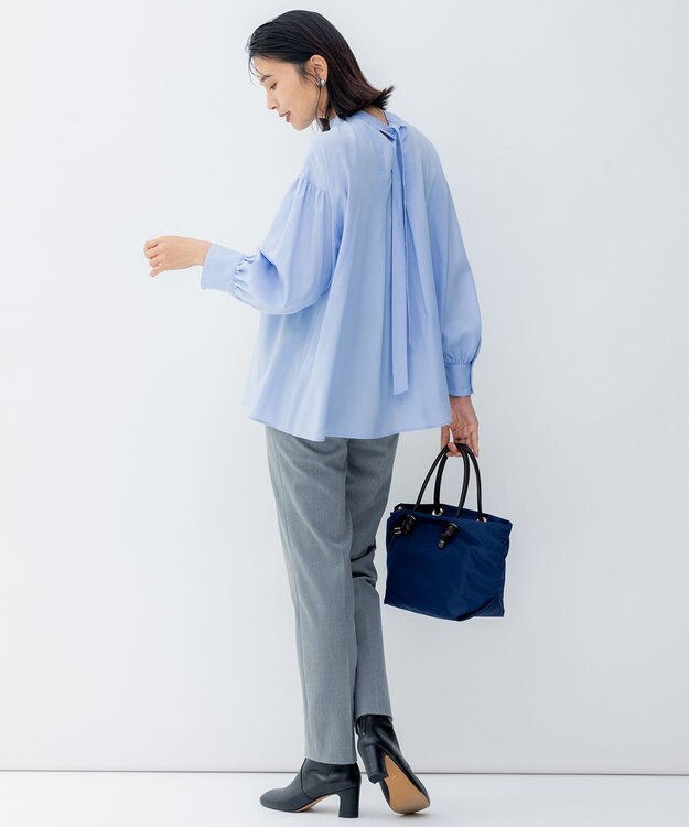 23区 L 【洗える】キュアセルツイル ピンタック ブラウス サックスブルー系