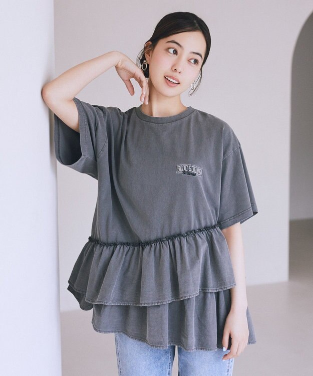 earth music&ecology 異素材ドッキンググラフィックTシャツ Charcoal Gray