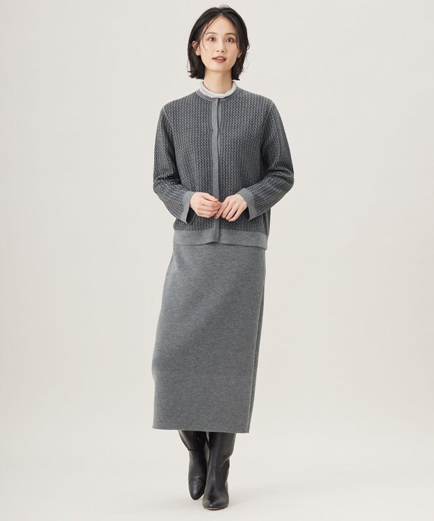 自由区 【洗える】リバーシブルニット セットアップ(カーディガン×タイトスカート) グレー×ブラック
