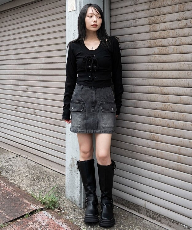 WEGO レイヤード風レースアップトップス ブラック