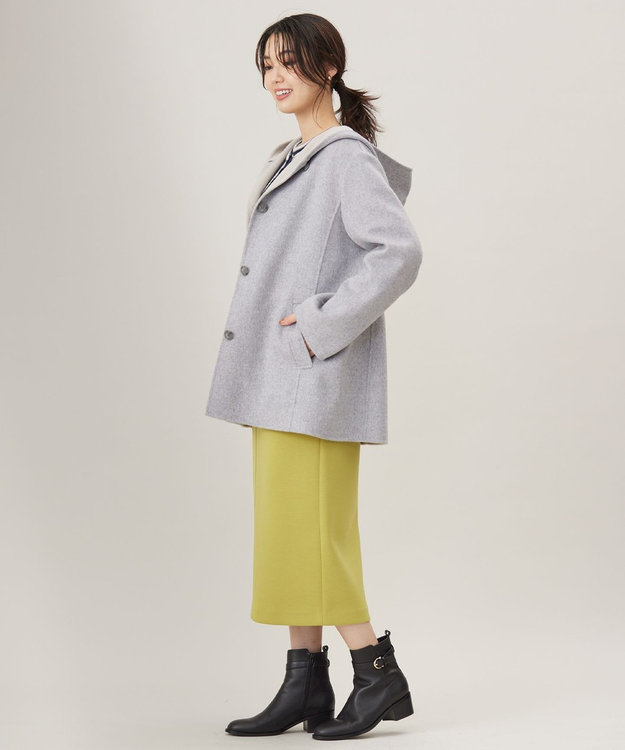 J.PRESS LADIES ウールナイロンリバー フード付き コート ライトグレー×ベージュ系