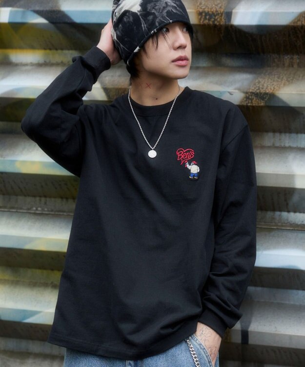 WEGO 【ユニセックス着用ITEM/MLサイズ展開】別注BENDAVISハートワンポイント刺繍T（LS） ブラック