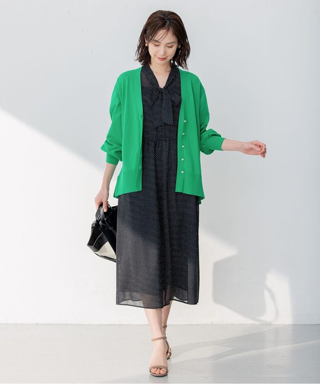 組曲 【ビジューボタン・アンサンブル対応】ハイゲージ ロングVネックカーディガン ダークグリーン系