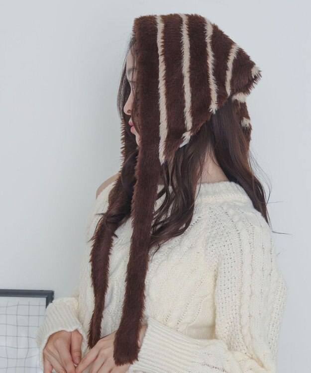 WEGO ボーダーニットバブーシュカ ブラウン