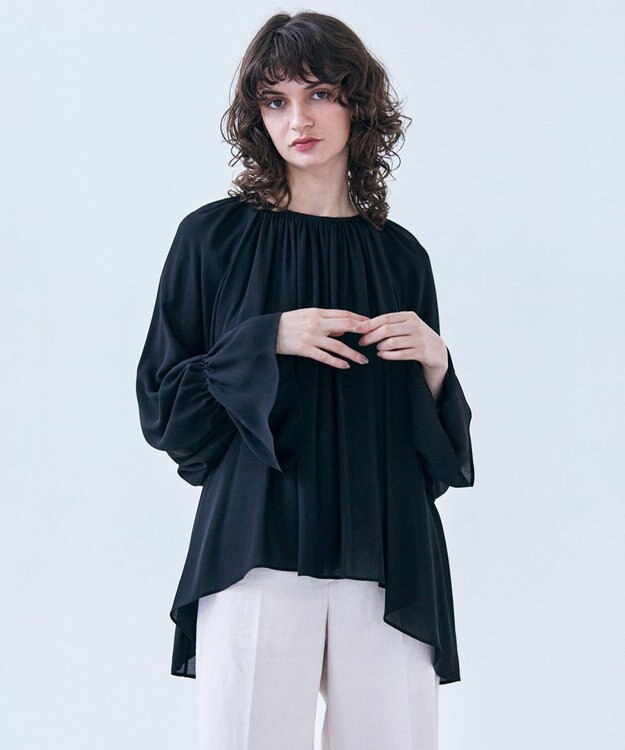 BEIGE， 【洗える】MUSCARI / ソフトシルクキャンディースリーブブラウス Black