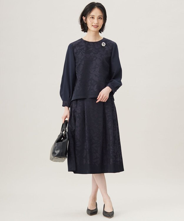 自由区 L 【セットアップ対応・洗える】フラワーオパールタックフレア スカート ネイビー