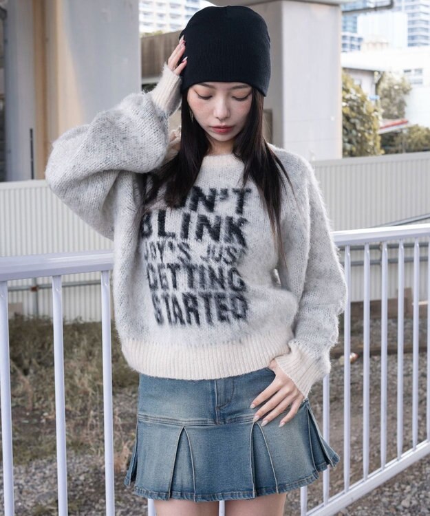 WEGO シャギー2WAYグラフィックワンショルニット ホワイトアイボリー