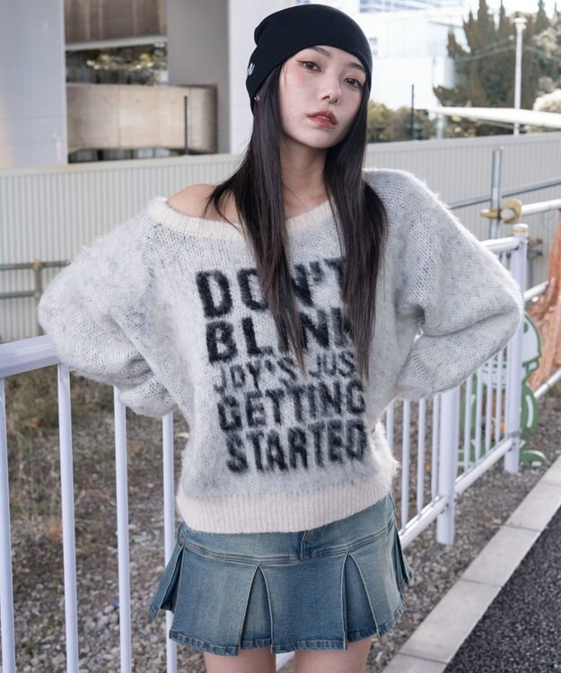 WEGO シャギー2WAYグラフィックワンショルニット ホワイトアイボリー