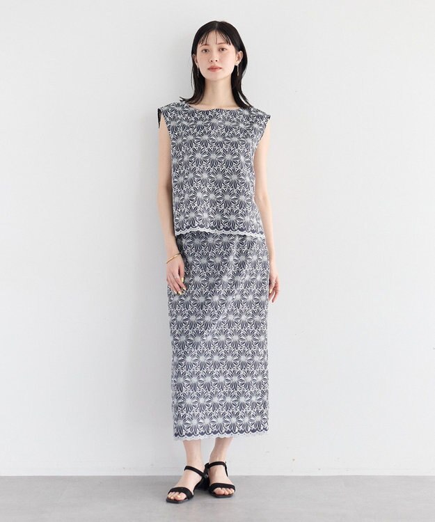 YECCA VECCA フラワーレースロングナロースカート Navy
