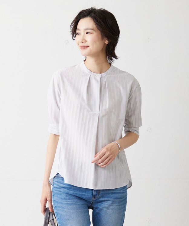 J.PRESS LADIES S 【イージーケア】ストライプジャージー バンドカラー カットソー ライトグレー系1