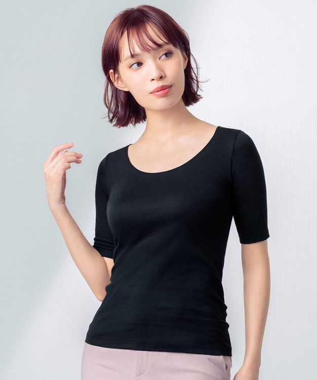 Wing インナー 【綿の贅沢オーガニック】 オーガニックコットン混素材 さらっと薄くて軽い ５分袖 EL1556 ウイング／ワコール ブラック