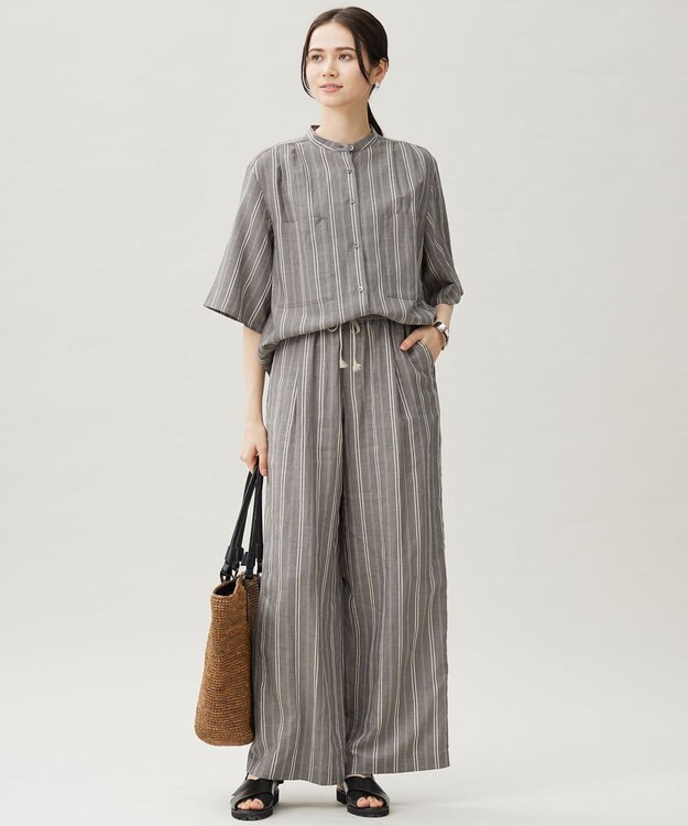 自由区 S 【カタログ掲載・セットアップ対応・洗える】リネンビスコースストライプ シャツ セピア系