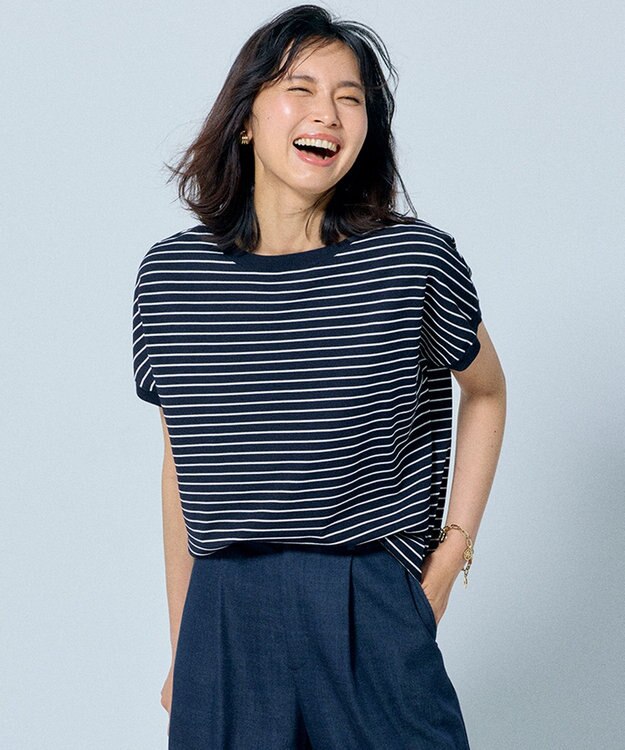 23区 L 【洗える/好評につき新色追加】レーヨンポリエステルストレッチ プルオーバー ニット ネイビー×オフボーダー