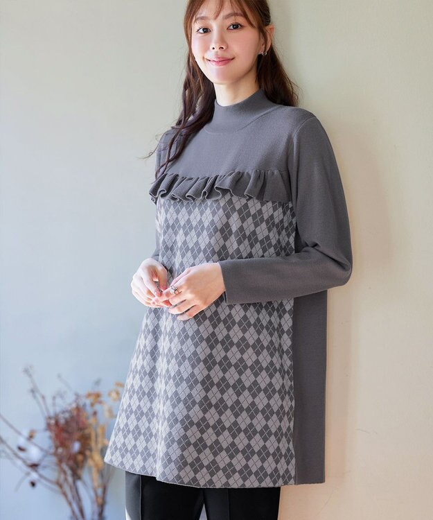 Tiaclasse アーガイルジャガードフリルチュニック チャコールグレー