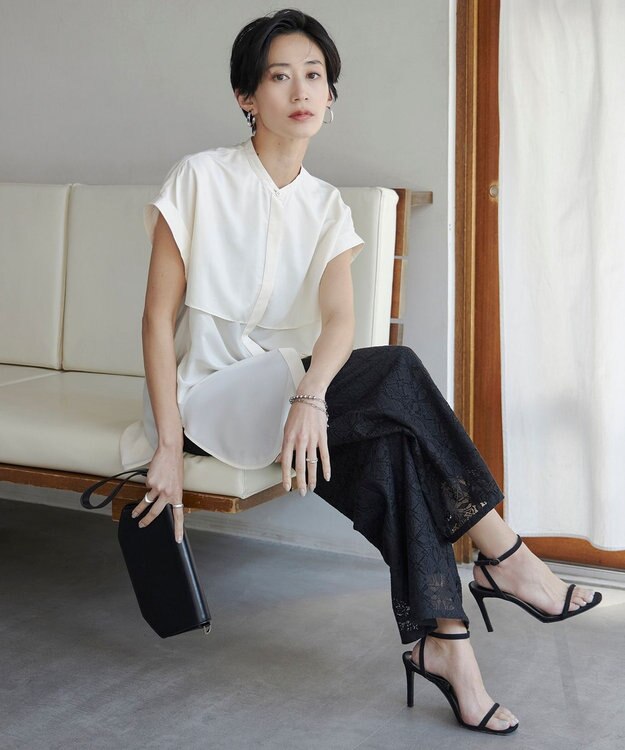 ICB L 【洗える】タイルパターンレース ワイドストレートパンツ ブラック系