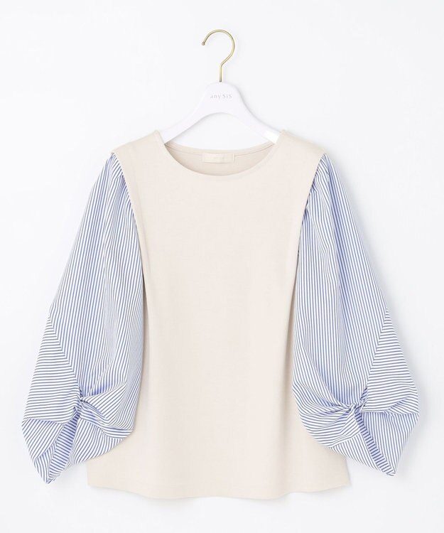 ANY SIS 【洗える】異素材コンビネジリパフ袖 プルオーバー アイボリー×ブルーストライプ