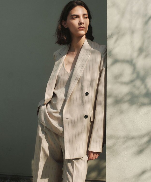 BEIGE， ERYTH / リネンストライプダブルジャケット Flax × Bordeaux