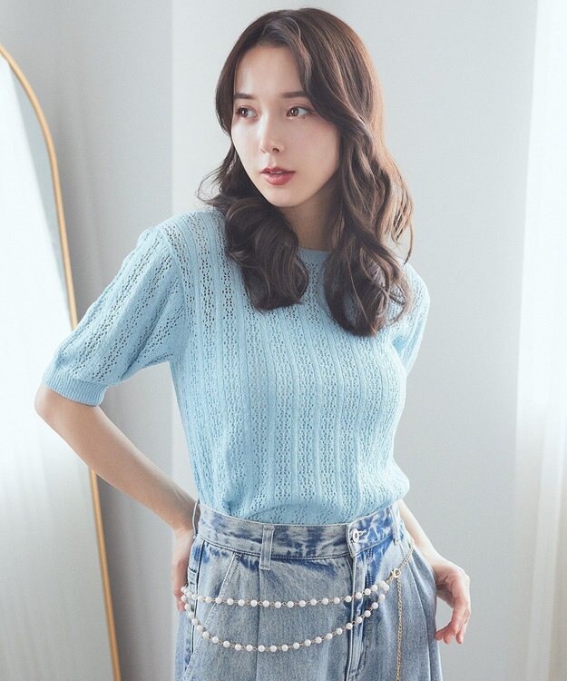 earth music&ecology 透かしニットプルオーバー Light Blue