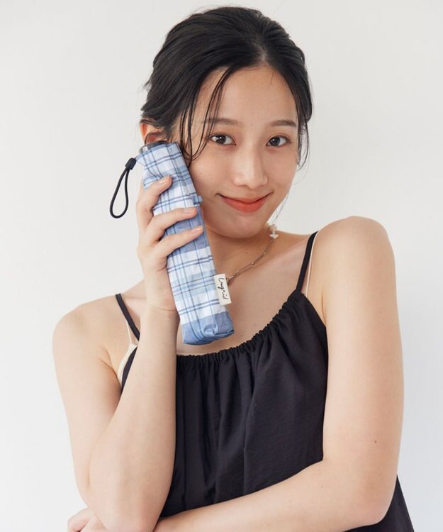 AURORA 【Ungrid（アングリッド）】ワンポイントフリルチェック柄プリント晴雨兼用傘（折りたたみ傘） ブルー