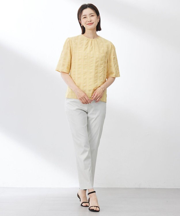 J.PRESS LADIES 【洗える】SHEER チェック フレアスリーブ ブラウス マリーゴールド系