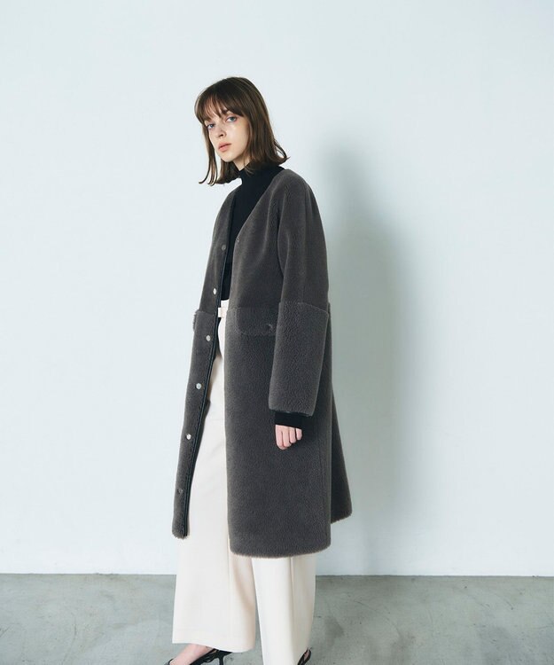 GRACE CONTINENTAL ノーカラーボアムートンコート グレー